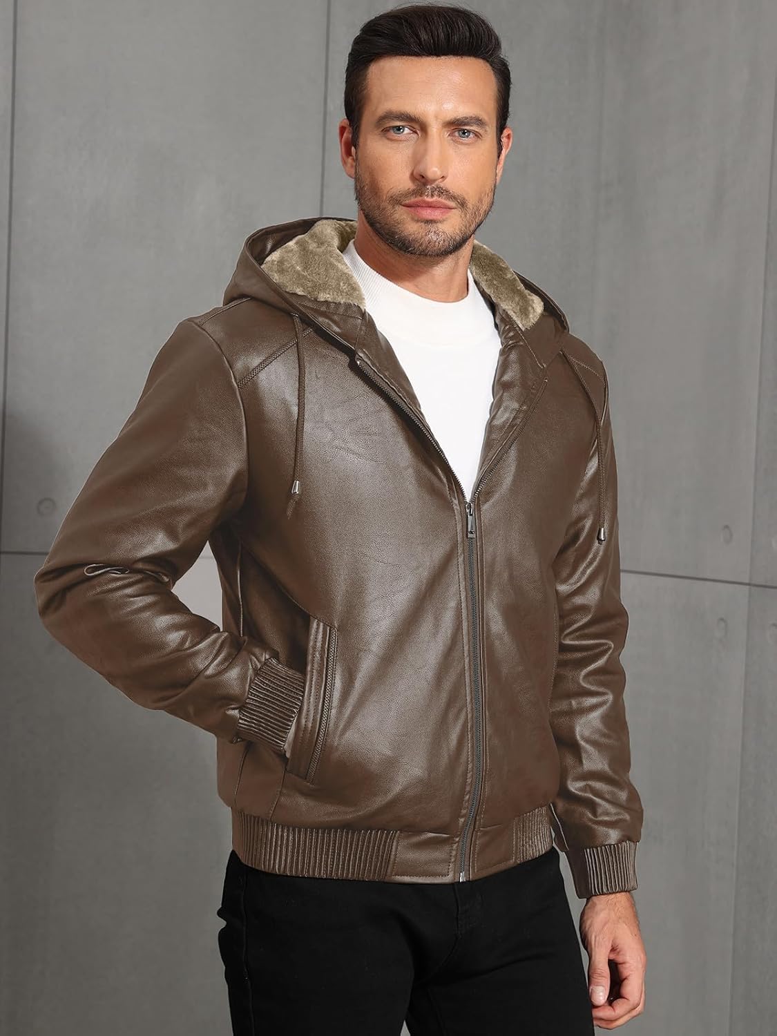 Uusollecy Men's Leather Jacket, Sherpa Lined Zip-Up Motorcycle Jacket, Bomber Jacket With Hood