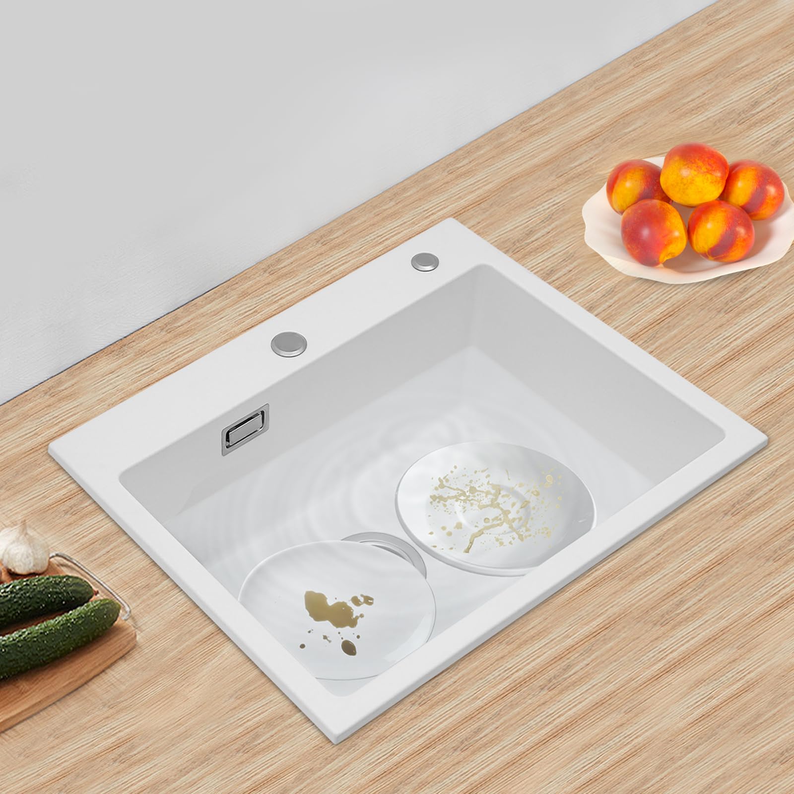 Évier de cuisine, profond, en pierre de quartz, blanc, 1 bac encastrable, capacité de charge d'environ 220,46 kg, bec anti-débordement, pour salles de bains, restaurants, cantines scolaires
