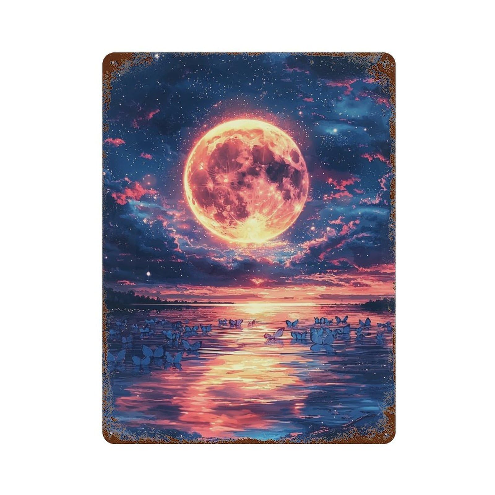 Magical Sunset with Giant Moon Rust Effect Tin Sign 15.7"x11.8", Farmhouse Wall Decor for Living Room, Hallway And Home Decor