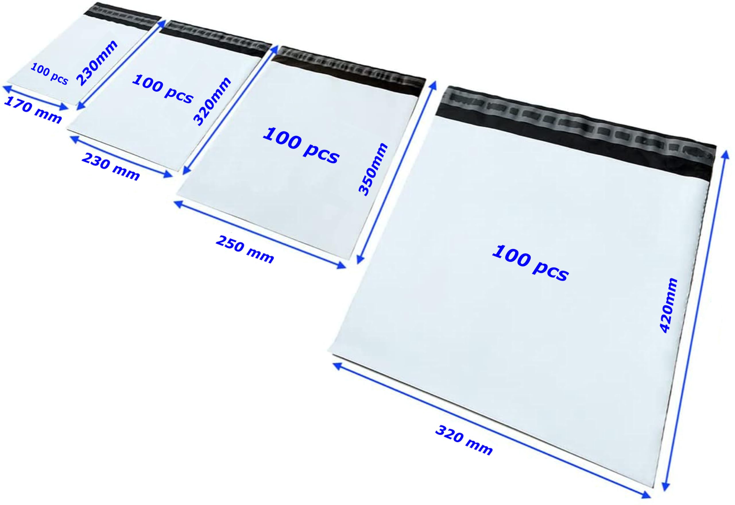 Jeco- Assortiment de 400 enveloppes plastiques d'expédition opaques 4 tailles. Pochettes d'expédition 50 microns, légères, solides, inviolables et imperméables