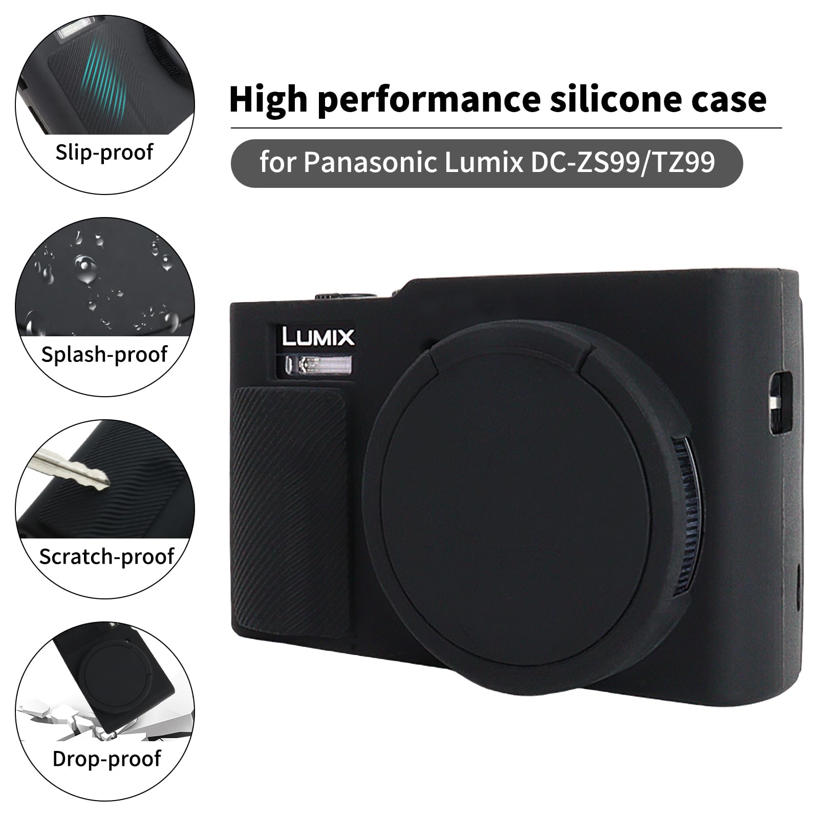 Rieibi Custodia in silicone per fotocamera Panasonic Lumix ZS99/TZ99, accessori per Panasonic Lumix DC-ZS99/TZ99 custodia con 2 pellicole proteggi schermo, copriobiettivo staccabile, nero