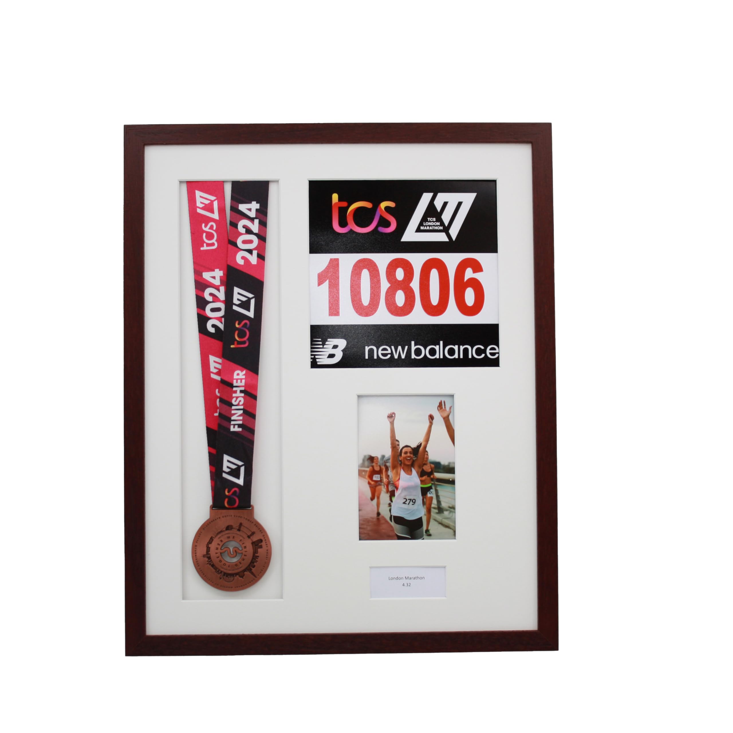 Personalised Medal display Frame with Apertures for Medal, Race Bib, 6x4 Photo and Text. London Marathon 2025 | 2024 | Marathon Medal | (Walnut Frame)