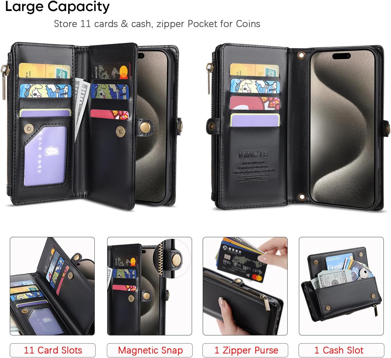 MInCYB for iPhone 16 Pro Wallet Case – Detachable Magnetic Wallet with RFID Blocking, PU Leather Zipper & Strap for Women Men - Image 3