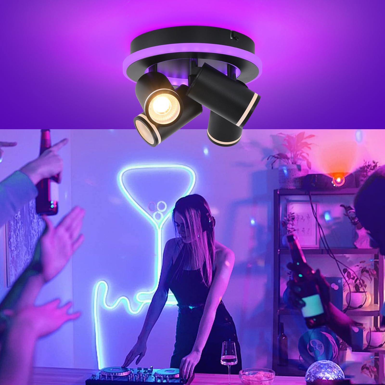 SANSHI Deckenlampe LED Dimmbar mit Fernbedienung,RGB Farbwechsel,Schwarz | Schwenkbar 350° Deckenleuchte,4 Flammig Rund Deckenstrahler,unteres Glühen 14W+4x5W GU10 spots,Modern Lampe Decke für Küche