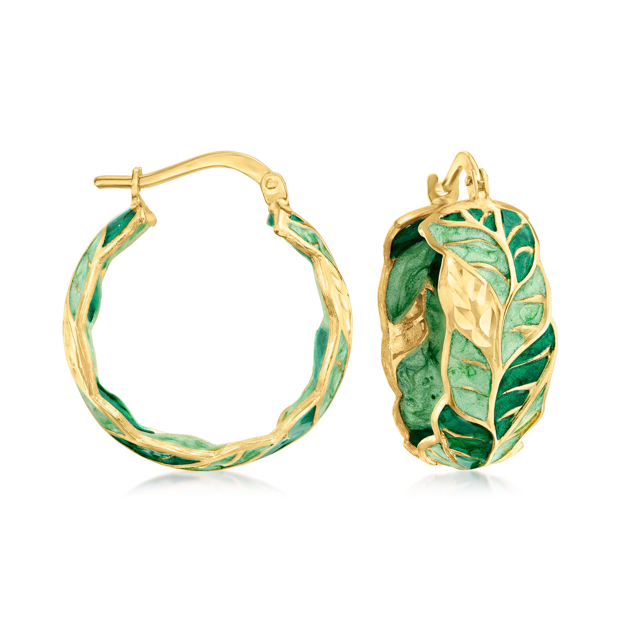 Ross-SimonsItalian Green Enamel Leaf Vine Hoop Earrings in 14kt Yellow Gold