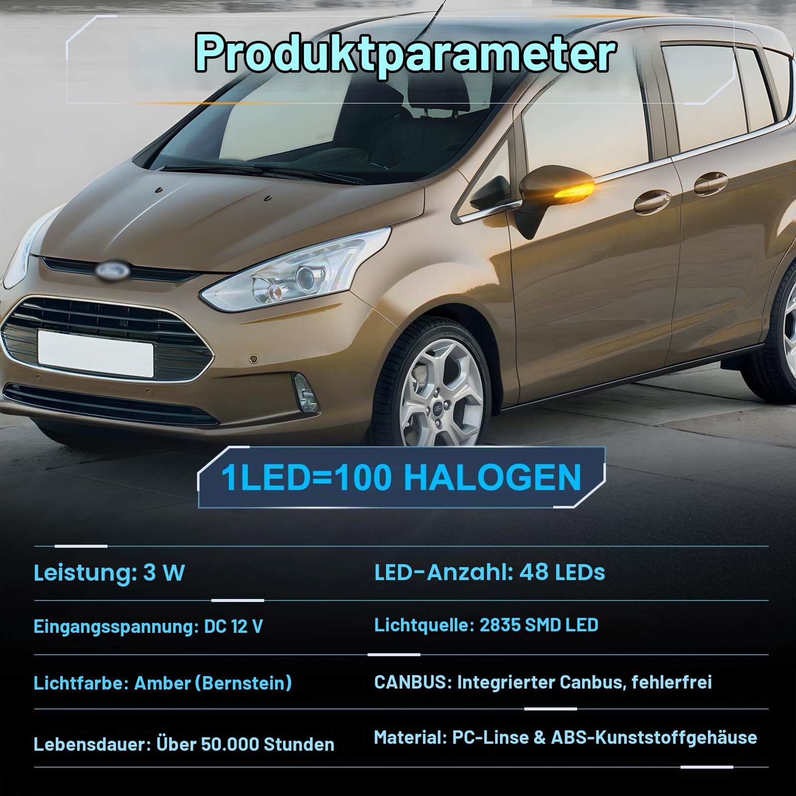 POPMOTORZ LED Spiegelblinker Blinker für Ford Fiesta Fiesta Mk7 B-Max mit Canbus Fehlerfrei 2835 SMD Schwarz, 2 Stück