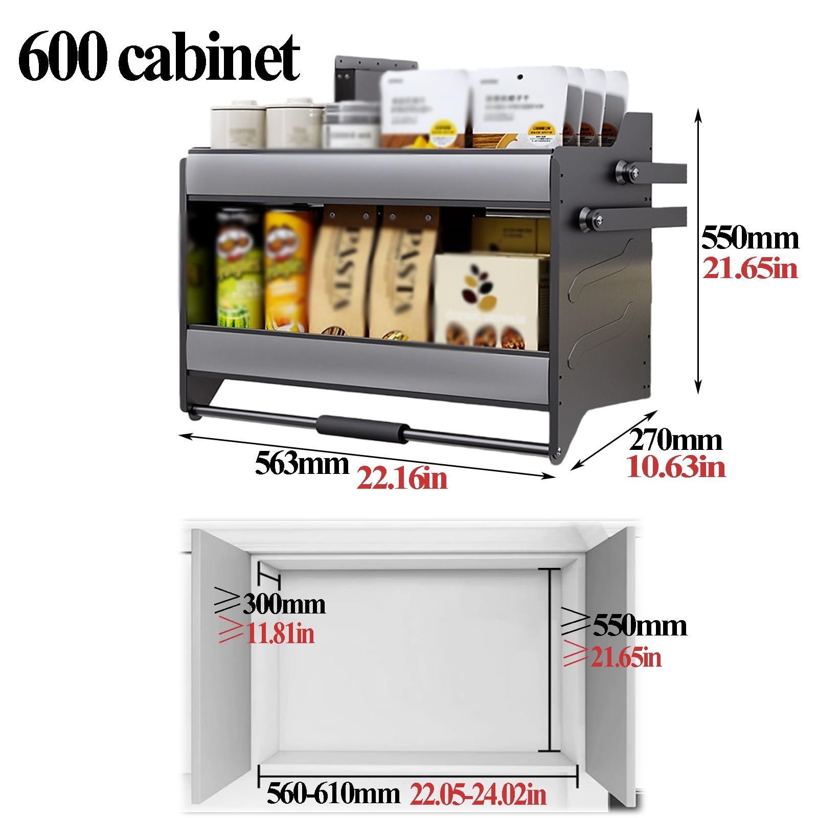 Cestello Portaoggetti da Cucina con Meccanismo di Sollevamento Organizer per Bottiglie di Spezie Grande Capacità di Carico Appendibile (56.3 cm) Ottimizza il Tuo Spazio!