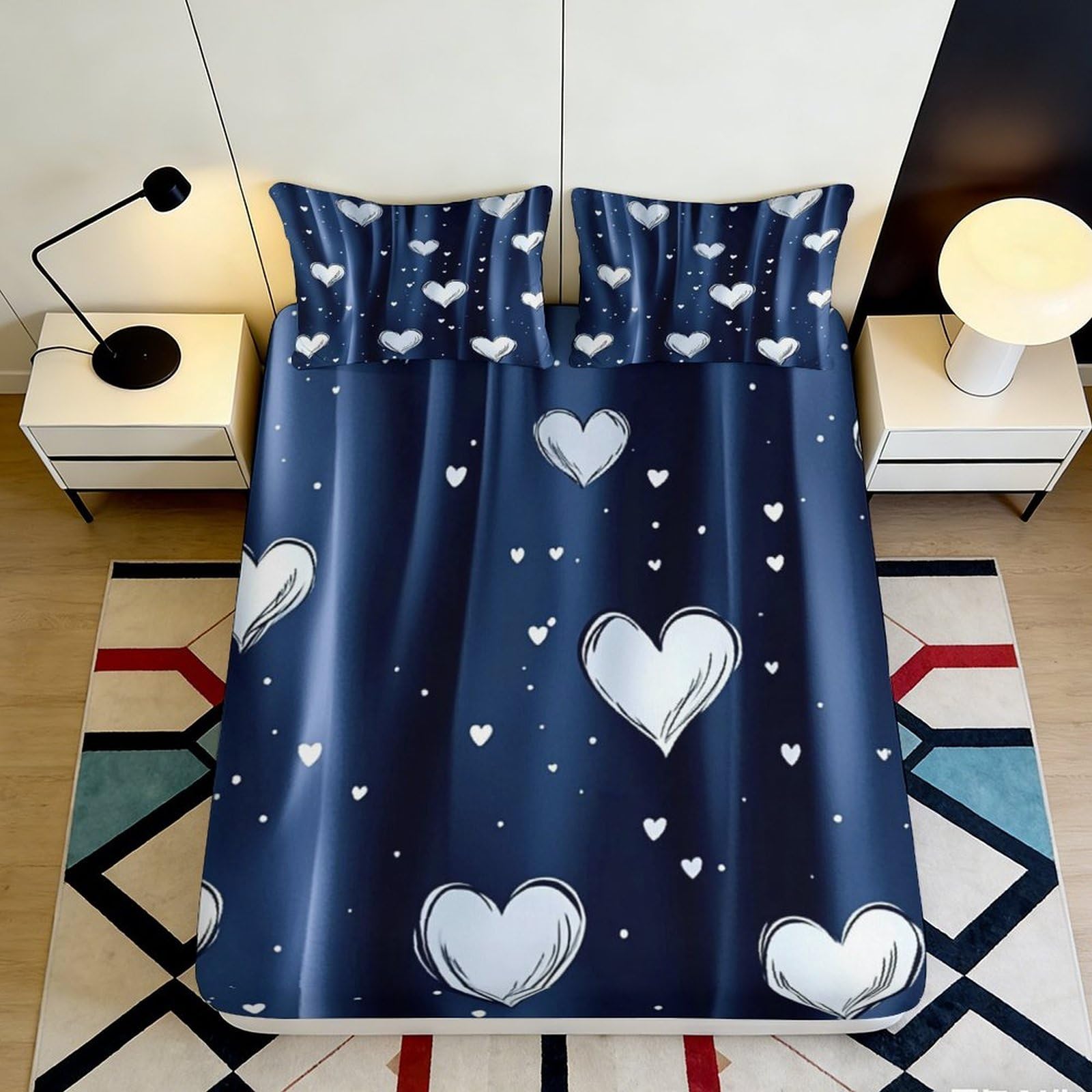 3D Printed Navy Heart Fitted Sheet Microfiber Non-Slip Bed Sheet Decor for Bedroom Guest Room Machine Washable 90x200x25cm