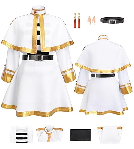 DAZCOS Cosplay Elf Costume Full Set White Cape Skirt Uniform with Pantyhose Belt Ears Halloween Outfit ﻿ - Small