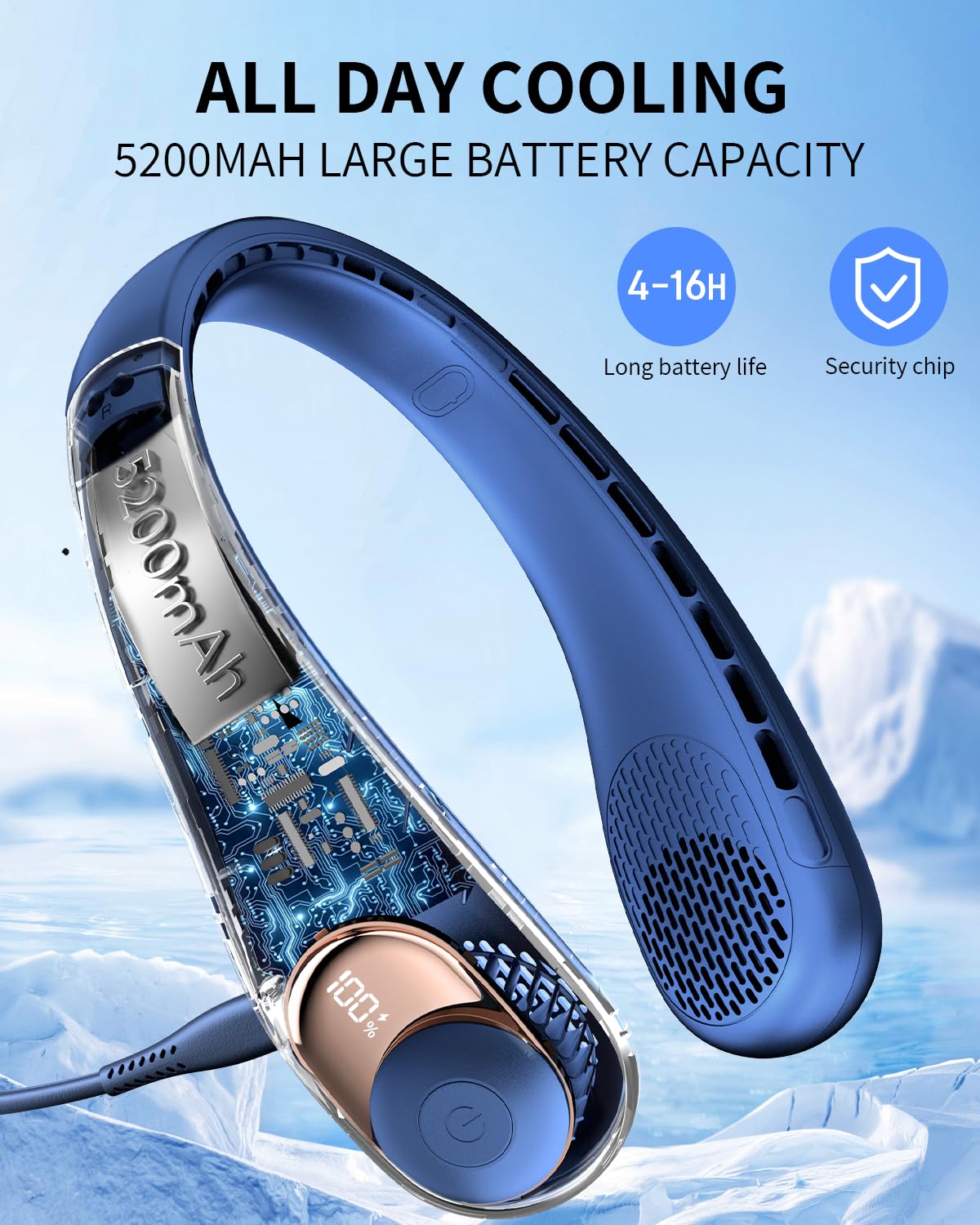 Ventilador de cuello, ventilador personal con indicador LED, carga USB-C, batería de larga duración de 5200 mAh, ventilador sin aspas manos libres con 3 velocidades ajustables y ultra silencioso, 4