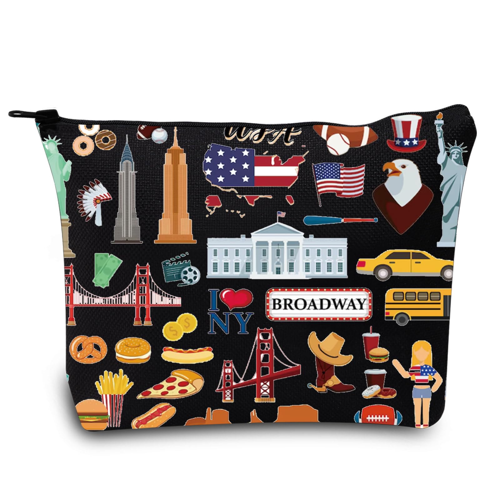 LEVLO USA Travel Cosmetic Bag New York Souvenir Gift I Love Newyork Zipper Pouch Bag America Flag Merch (LOVE NEWYORK Black), LOVE NEWYORK Black, Cosmetic Bag