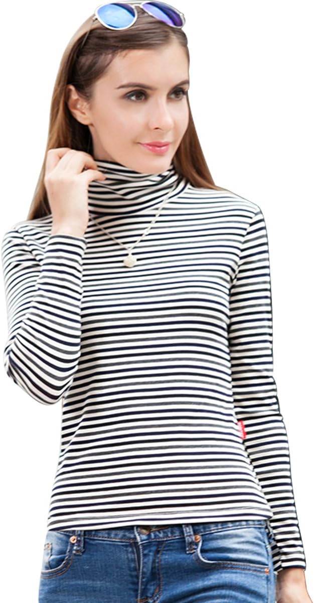 FCHG Women's Stripe Casual High Collar Long Sleeve Slim Pullover T-shirt Blackwhite Large