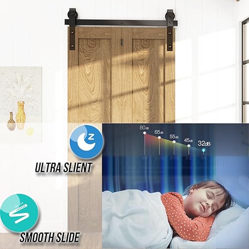 Miniatura 6 de Kit de riel de montaje en forma de J de 43 pulgadas para puerta corredera de granero biplegable, rodillo negro montado en el lado resistente, apto