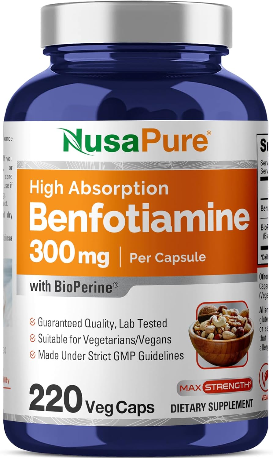 NusaPure Benfotiamine 300mg Per Veggie Caps 220 Count (Non-GMO, Vegan) Bioperine