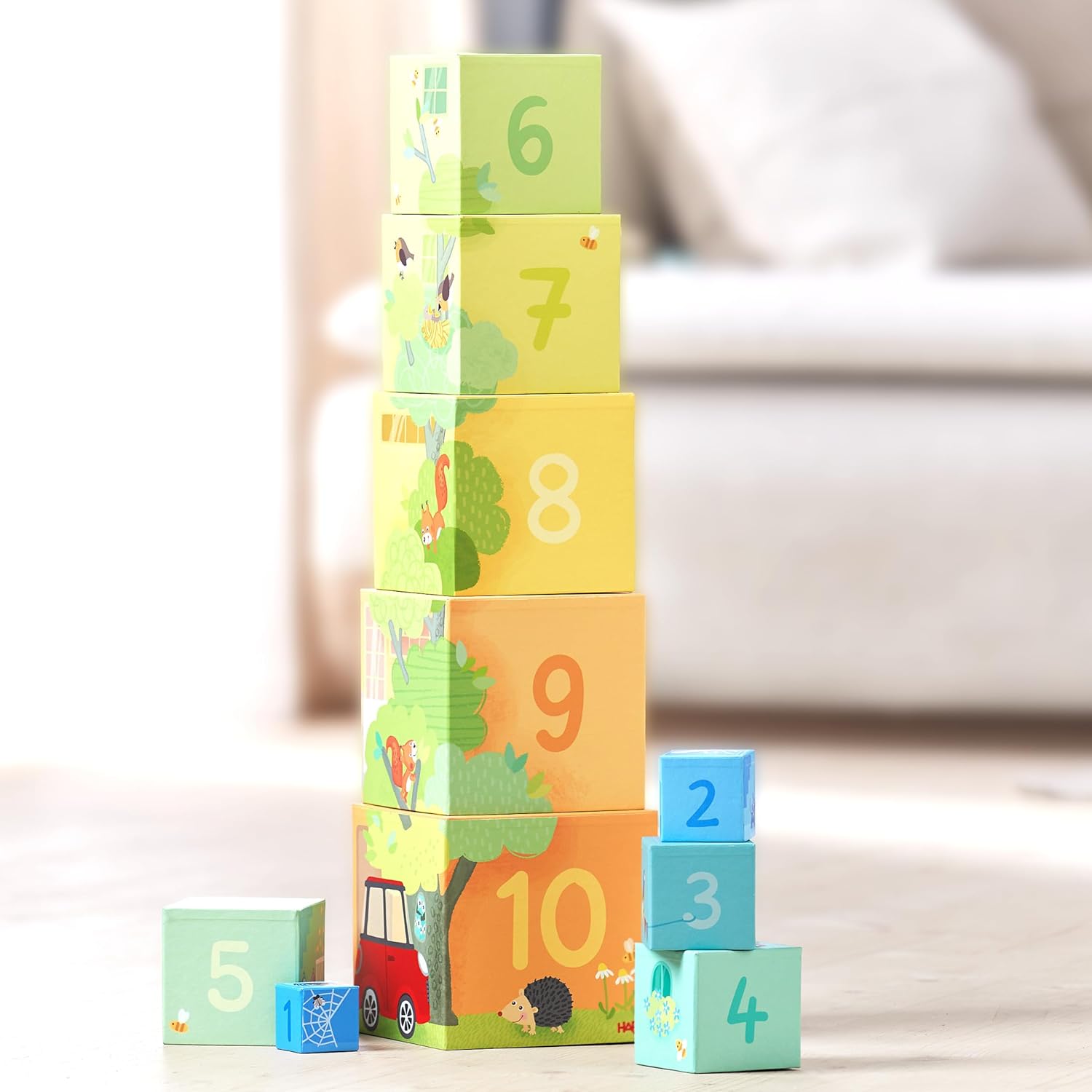 HABA My House Stacking Cubes – Set of 10 Sturdy Cardboard – Promotes Motor Skills and Figure Understanding – From 12 Months – Stackable for Space Saving – 2010937001
