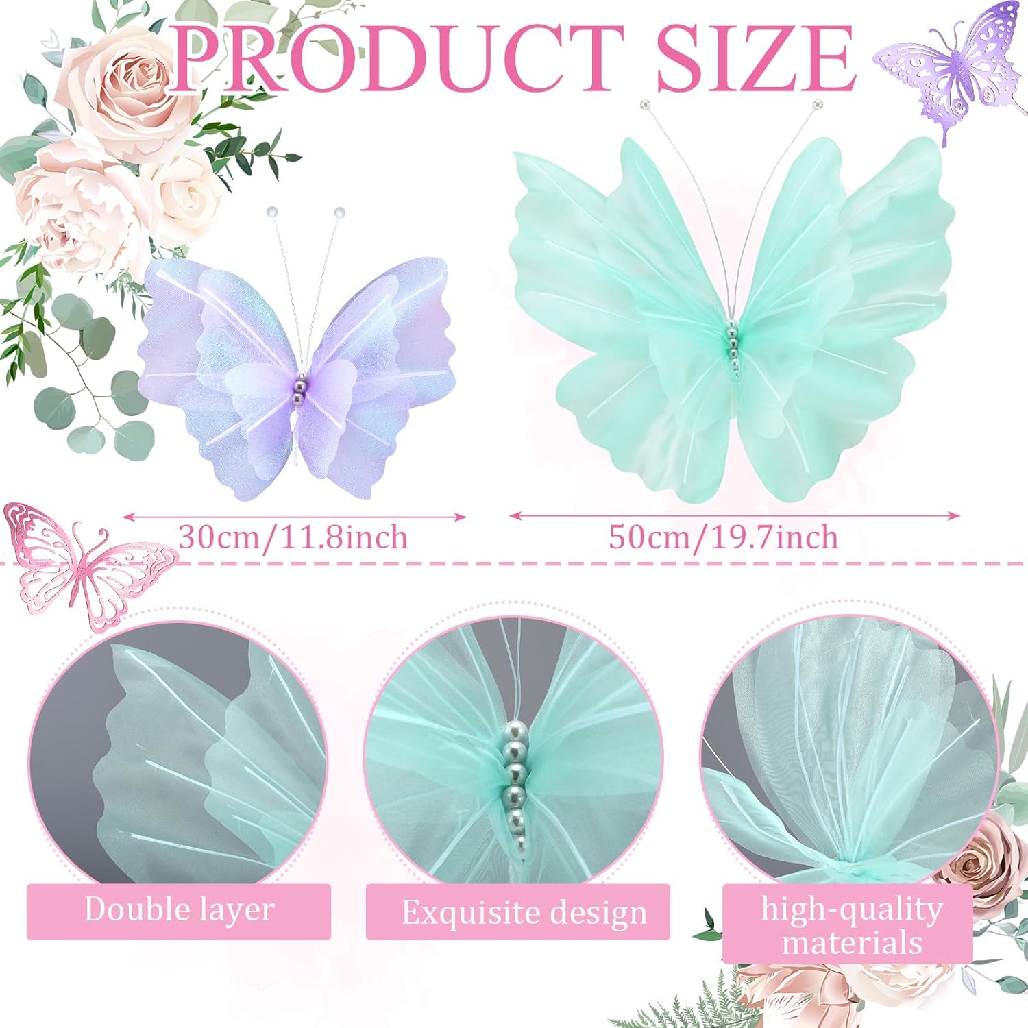 Geelin 6 Pcs Large Pastel Butterfly Decorations Mariposas Grandes para Decoracion 20 Inch 12 Inch Colorful 3D Silk Butterflies Decor for Baby Shower Birthday Party Wedding Decor, Assorted Color