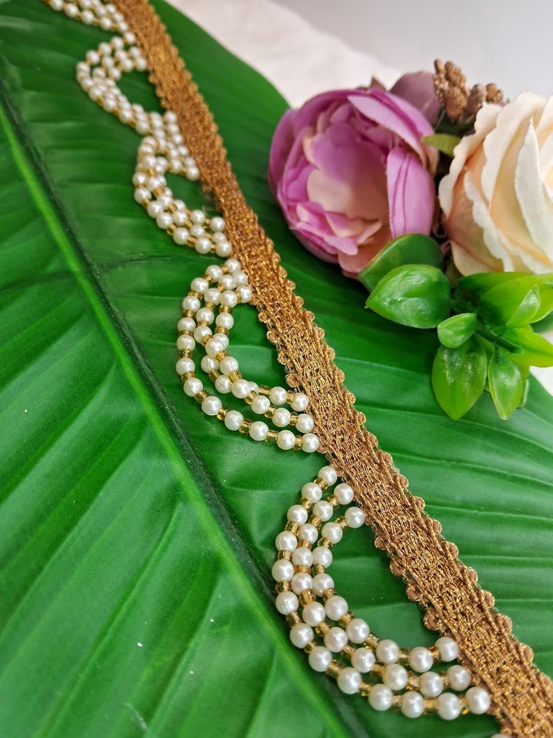 LACESNMORE Decorative Pearl Beaded Hanging Lace Trim Scalloped Design Gold and Half White Traditional Style for Saree Blouse Dupatta Dresses Craft Fabric Trim (3meter Pack)-image-31