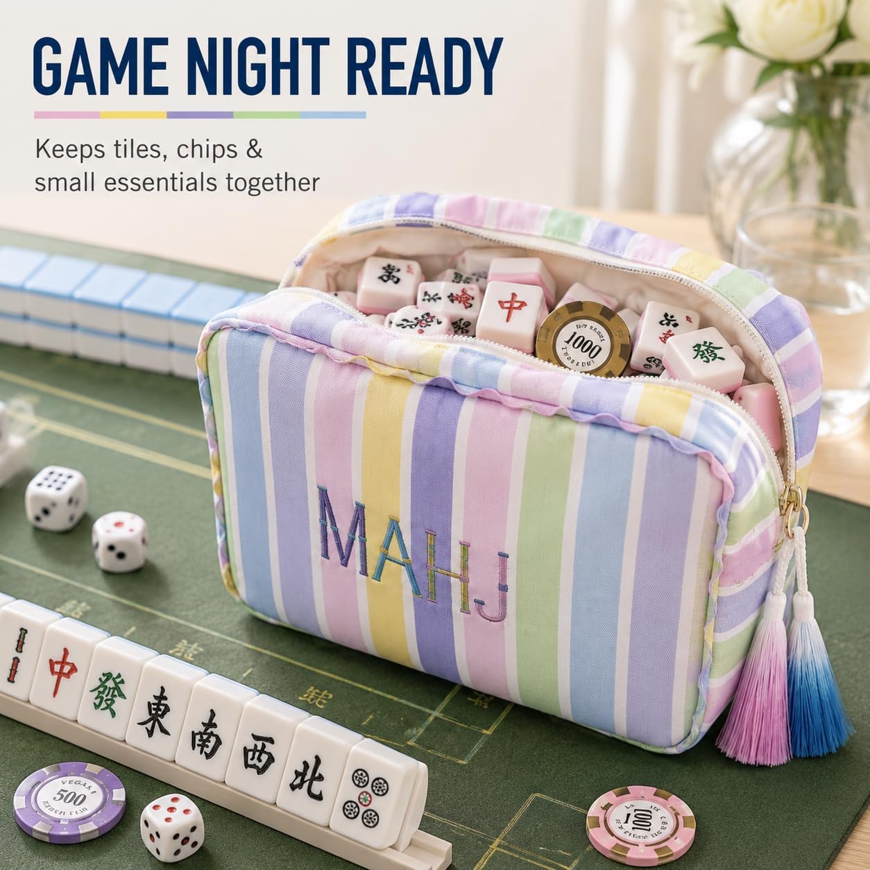 American Mahjong Tile Bag for 166 Tiles (1.2") – Multicolor Pastel Striped Embroidered “MAHJ” Storage Case, Thickened Canvas Zipper Pouch for Travel & Game Night, Bag Only