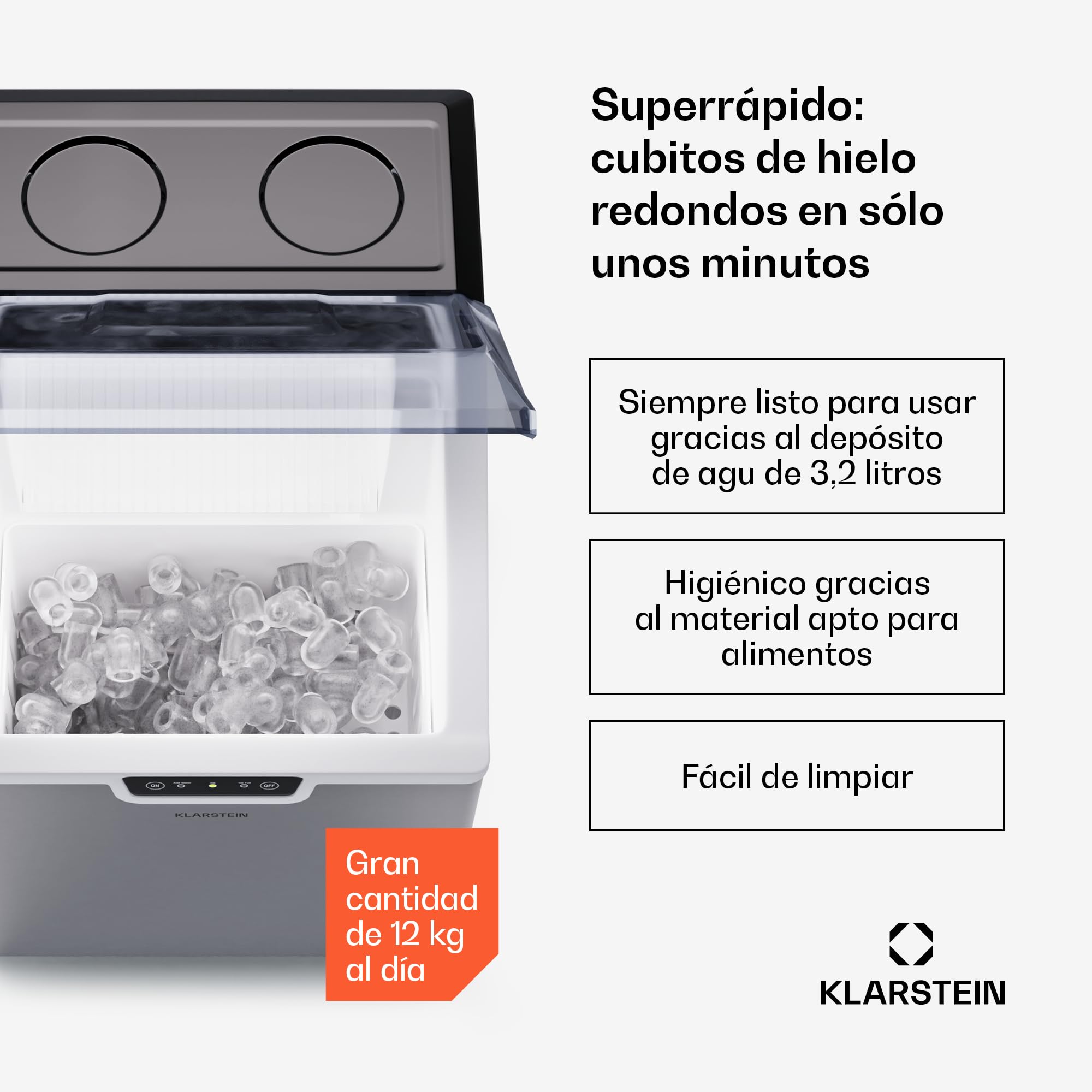 Klarstein Maquina de Hielo para Casa 3,3 L, Ice Maker Capacidad 18 kg, Maquina para Hacer Cubitos de Hielo Encimera Casa con Alarma Seguridad, Ice Maker Machine para Hielos Rápida para Cubito Hielo