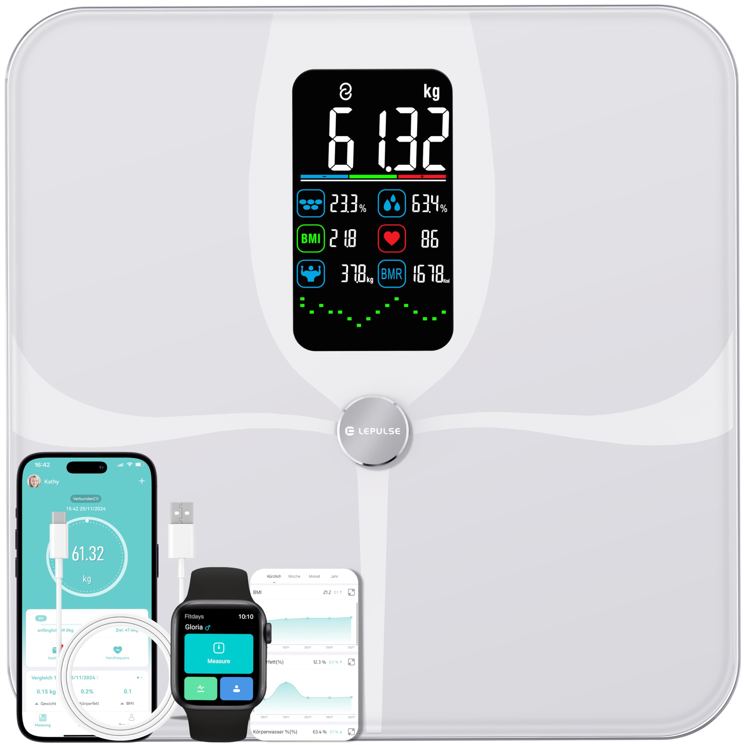 Lepulse Körperfettwaage F4 Pro, Aufladbar, personenwaage mit