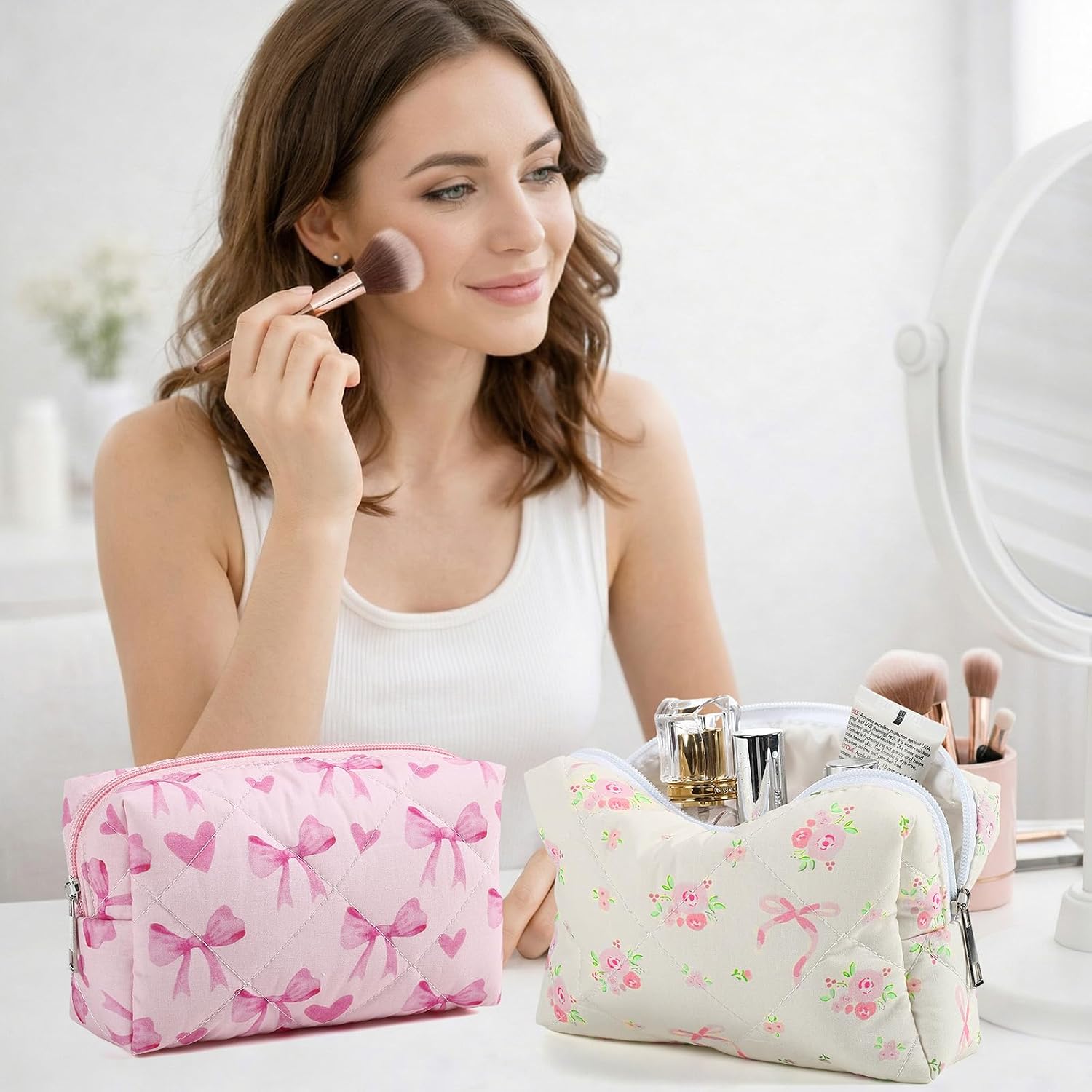 Paterr 6 Pcs Quilted Makeup Bag Bulk Women Girls Wedding Birthday Graduation Bridesmaid Gifts Cotton Bow Floral Cosmetic Bag Cute Coquette Aesthetic Travel Toiletry Pouch(Coquette Bow,Pink)