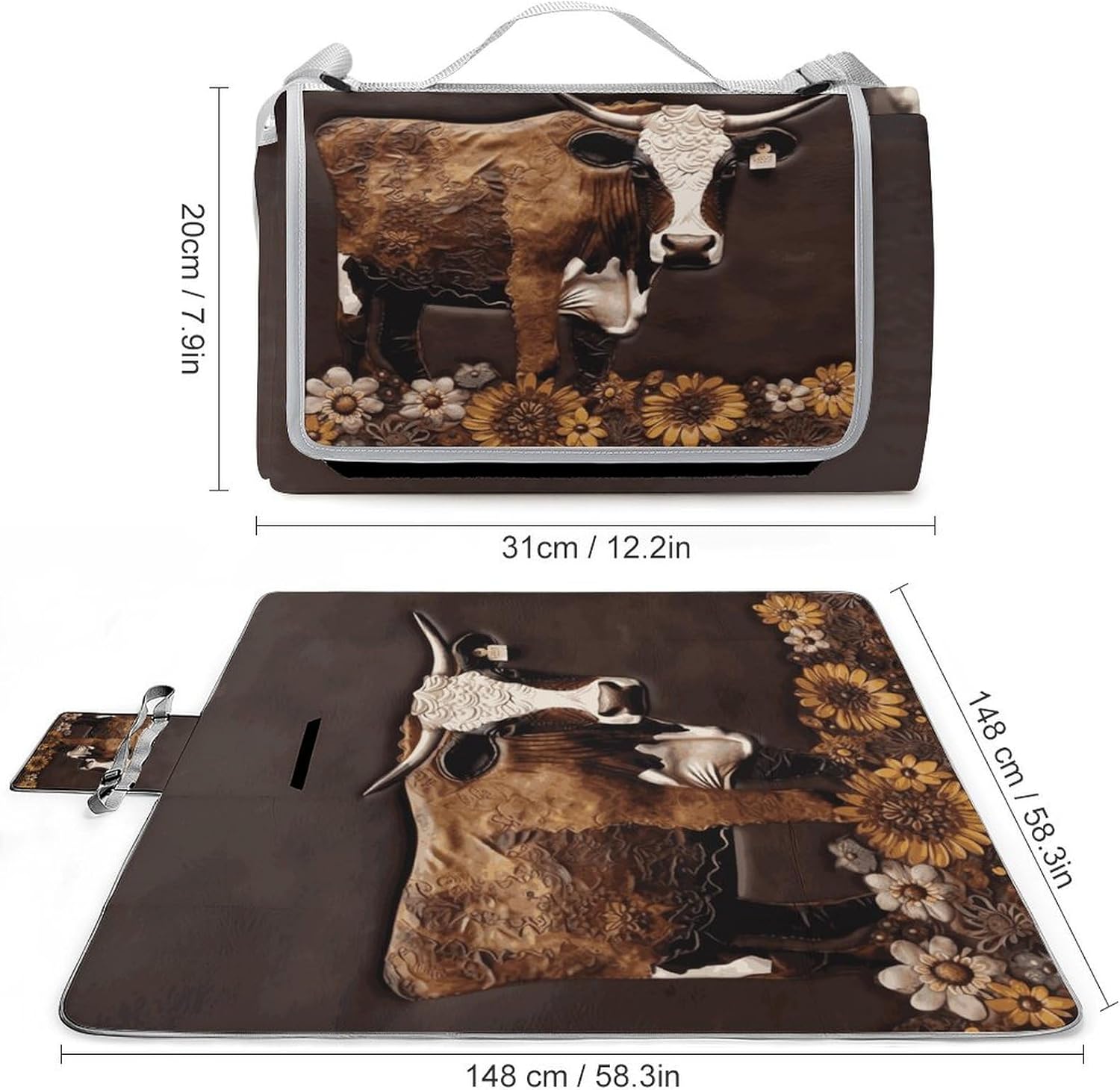 Outdoor Picnic Blanket Extra Large Beach Blanket Waterproof Picnic Mat Cow in Brown Leather Camping Blanket Portable with Carry Strap Park Blanket for Grass Camping Park