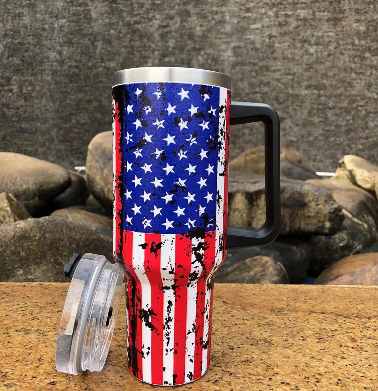 40 Oz Stainless Steel Travel Mug with Handle - USA Flag Insulated Tumbler - Navy Military - Black Handle - Image 2