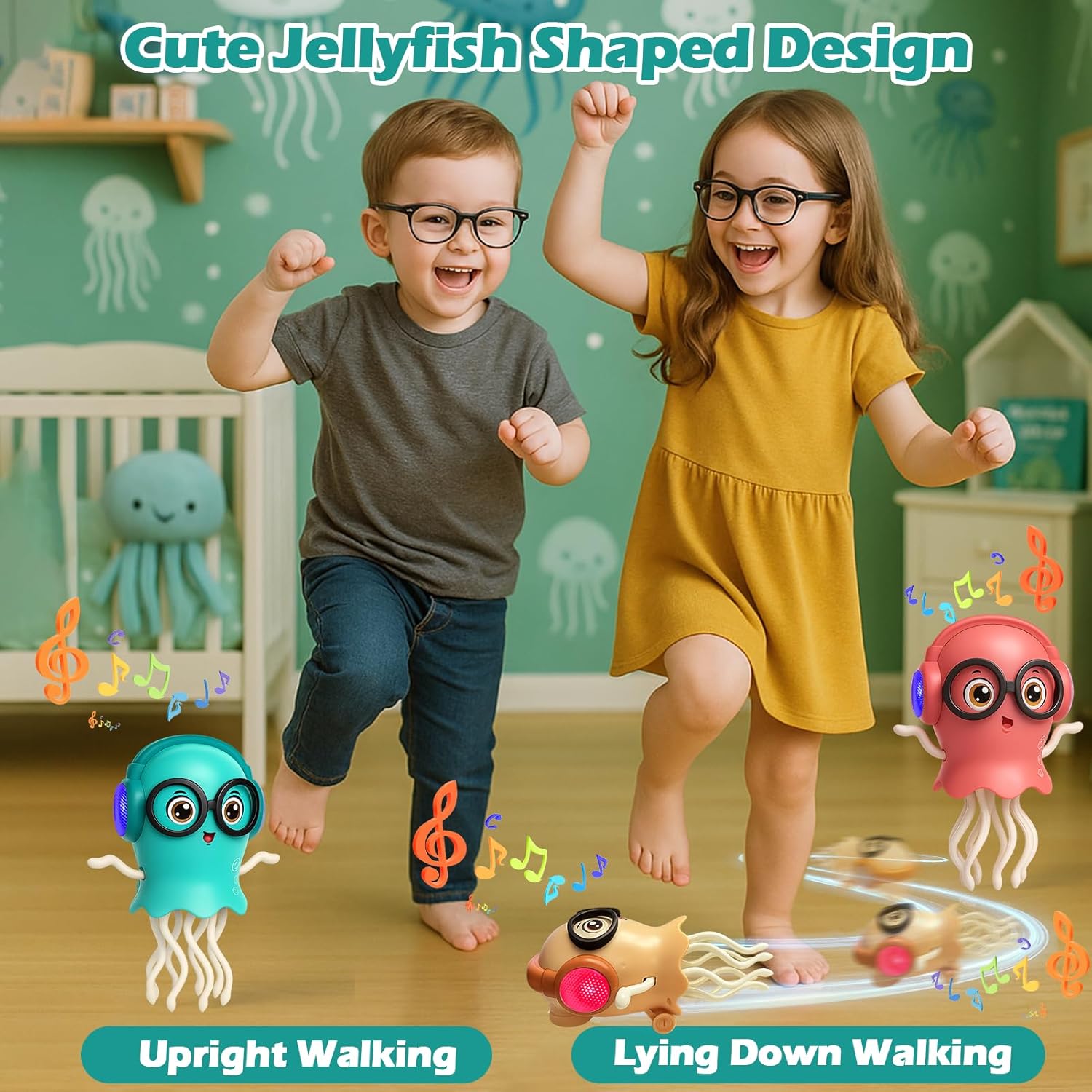 Magic Electric Dancing Jellyfish Toy with Led Light and Music,Playful Automatic Steer Crawling Dancing Baby Toy with Smart Tentacle Explorer,Dancing Octopus Toy,Tummy Time Toys,Green