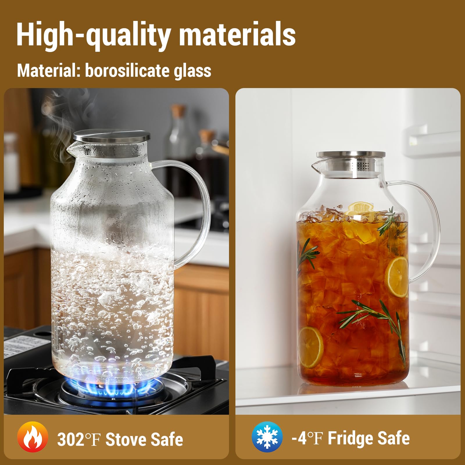 Confezione da 2 brocche in vetro ispessito da 1 gallone con coperchio e beccuccio, caraffa in vetro borosilicato per bevande calde/fredde, brocche per acqua per frigorifero, brocca extra large con