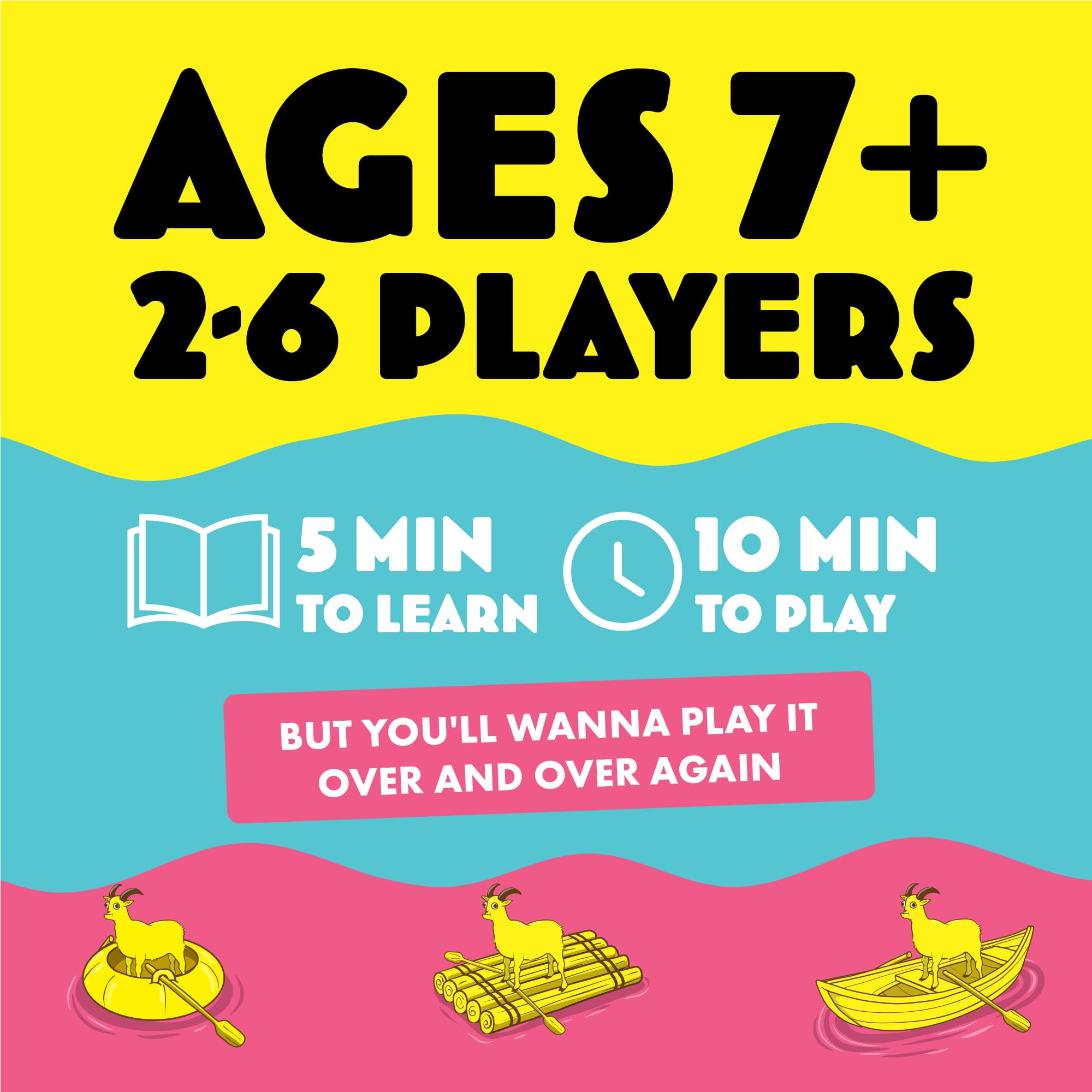 Row Your Goat: By Exploding Kittens, 2-6 Players, Age 7+ Fast Card Game | Play goat cards, spot matching colors or boats, and grab a lifesaver fast. The slowest player collects the pile! Family Game