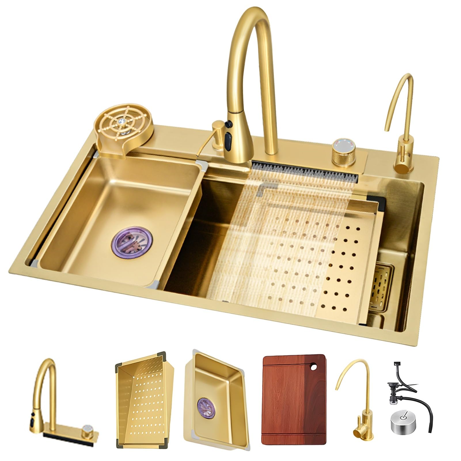 YADZISW Gold Large Kitchen Bar Sink with Waterfall Design - Single Bowl Slide-and-Dine Workstation Includes Knob Drainage & Accessories Size: 75x45x22cm