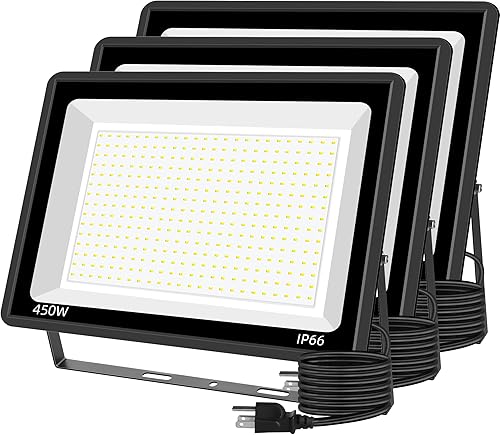 Luces LED de inundación de 450 W para exteriores con enchufe, luces de seguridad ultra brillantes, IP66 impermeable, reflector exterior enchufable,