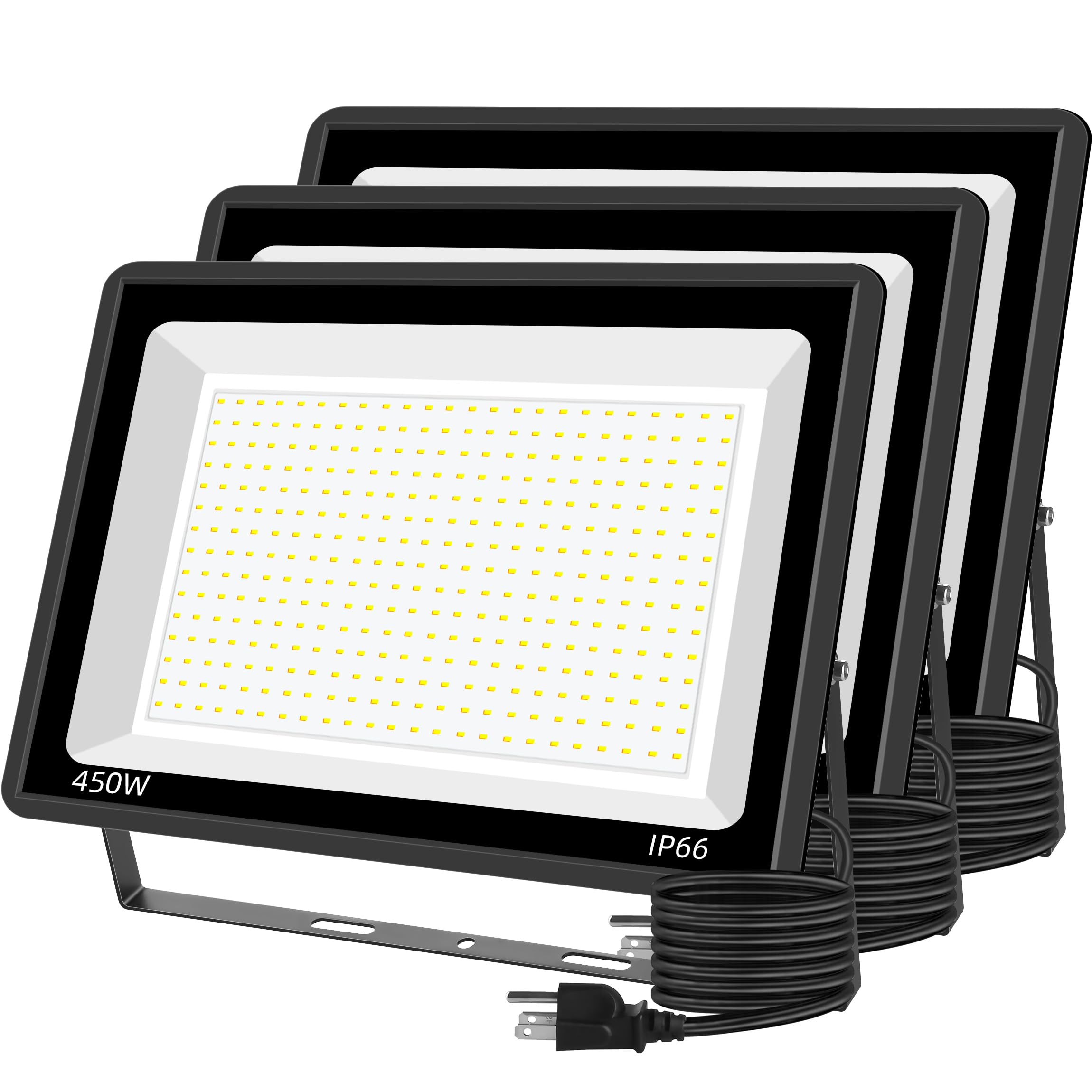 Photo 1 of 450W LED Flood Lights Outdoor with Plug, Ultra Bright Security Lights, IP66 Waterproof Exterior Floodlight, 5000K Daylight White Flood Light for Stadium, Parking Lot, Construction Site (3 Pack)