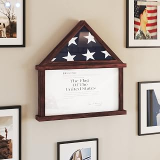 Merrick Lane Hughes Flag Display Case with Certificate Holder, Wall Mount or Freestand Display, Fits 9x5 Flag, Mahogany