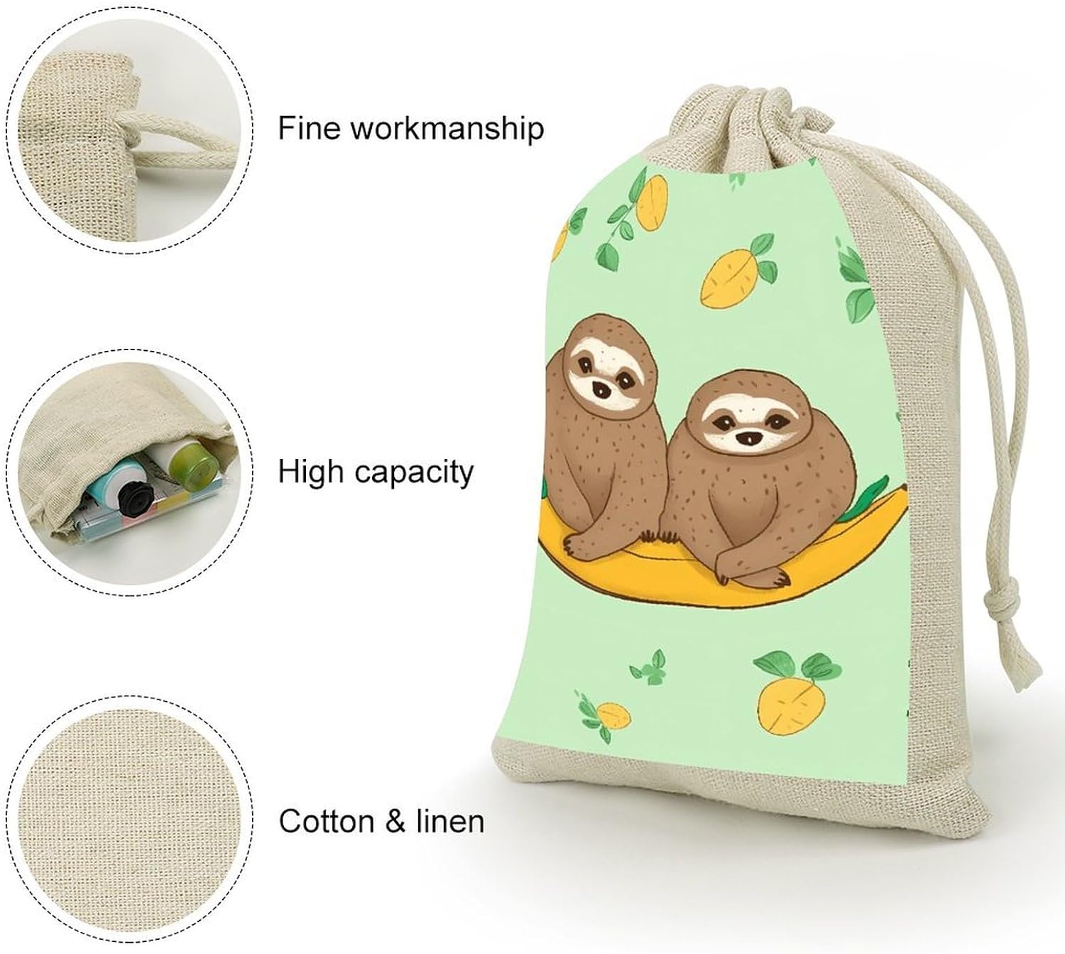 Cute Sloths on Yellow Lemons Cotton Linen Drawstring Bags Pack of 8 image 3