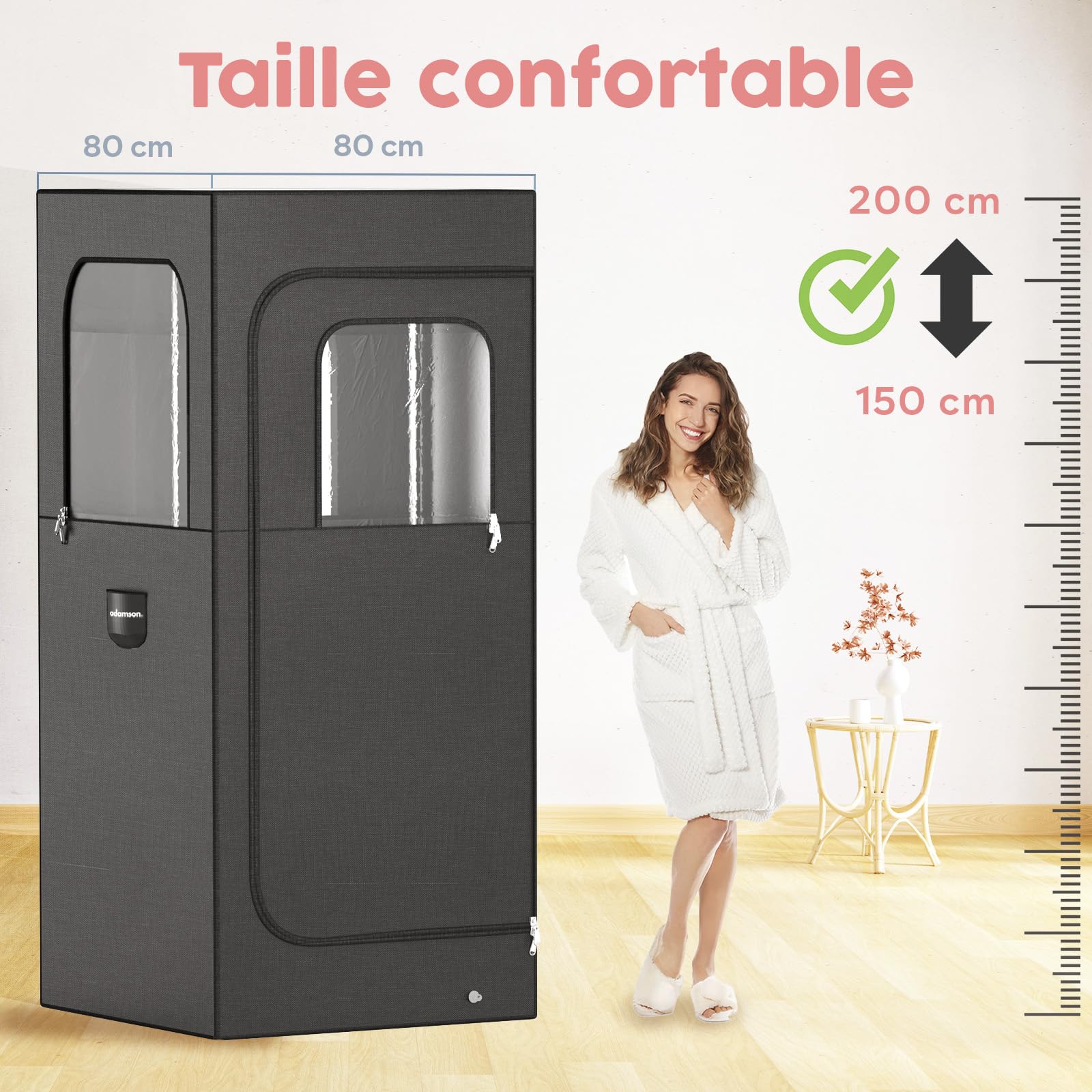 Adamson Sauna Indoor - Sauna à vapeur pour la maison - Tente de sauna pour la relaxation dans le spa à domicile - Unité de vapeur 2.6L 1000W - Chaise - Télécommande - Masseur de pieds - Nylon noir