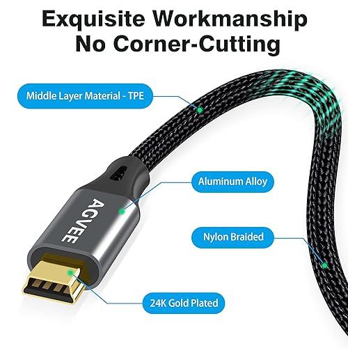 Miniatura 7 de AGVEE Paquete de 2 cables mini USB de 10 pies, cable de carga USB-A a Mini-B trenzado duradero para TI-84, Garmin GPS, Go-Pro Hero 4 3 2 HD,