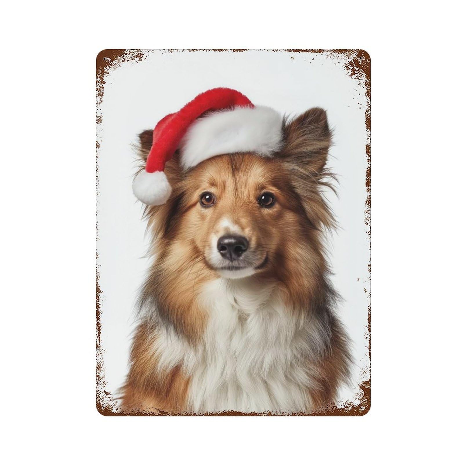 Shetland Sheepdog with Santa Hat Portrait Vintage Wall Sign 15.7"x11.8", Rust Effect Metal Decor for Basement, Hobby Room And Garage Decor