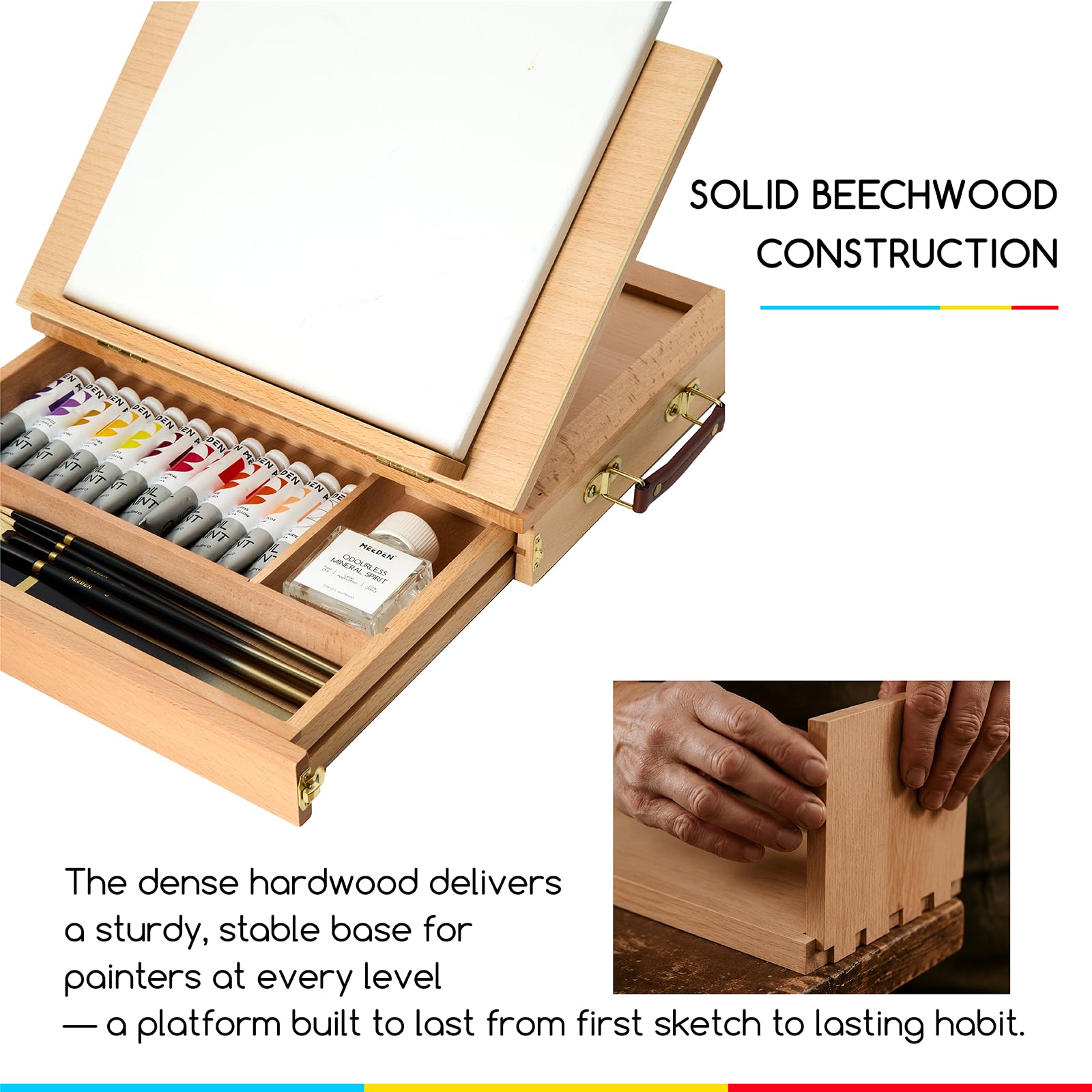 MEEDEN Tischstaffelei Box aus Holz, Portable Sketchbox aus Buchenholz mit Aufbewahrung, Verstellbarer Leinwand Ständer für Maler, Künstler und Anfänger, Leinwand bis zu 27 x 36,3 cm | Tragbare Malstaffelei mit Aufbewahrung – Holz-Skizzenbox für Künstler,