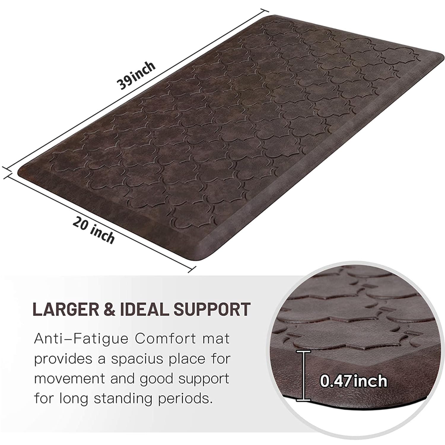 WISELIFE Tapete de cocina acolchado antifatiga, 20 x 39 pulgadas, grueso, antideslizante, impermeable, tapete de espuma resistente para cocina, suelo, hogar, escritorio, fregadero, color marrón