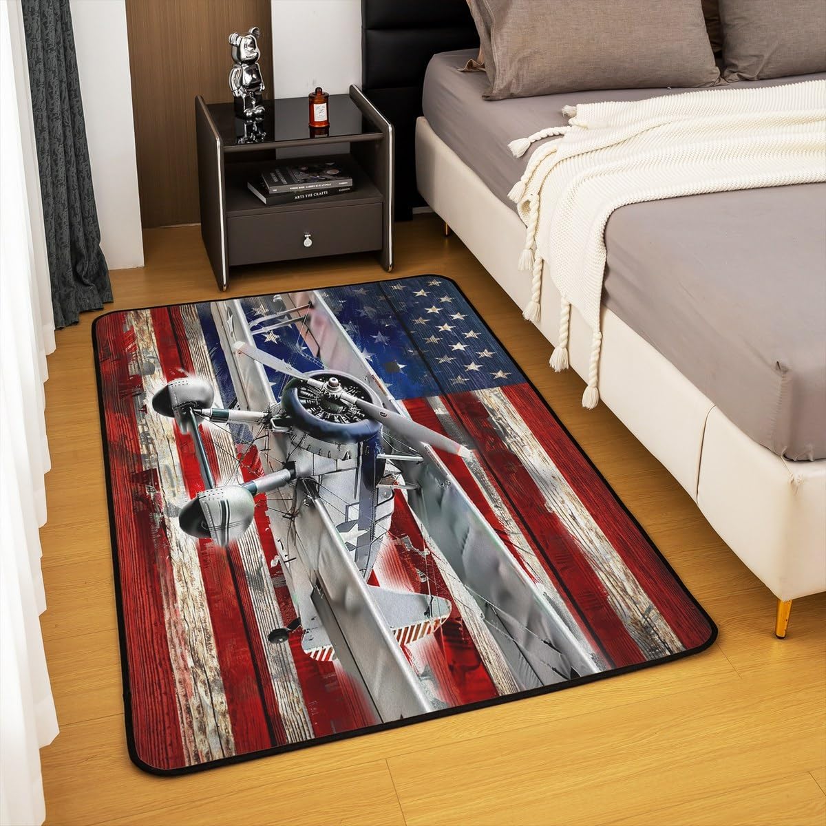 jejeloiu Aircraft Living Room Rugs Airplane Print Area Rug for Kids Boys Girls Teens American Flag Decorative Carpet Set 5x7 Flight Red Grey Indoor Floor Mat