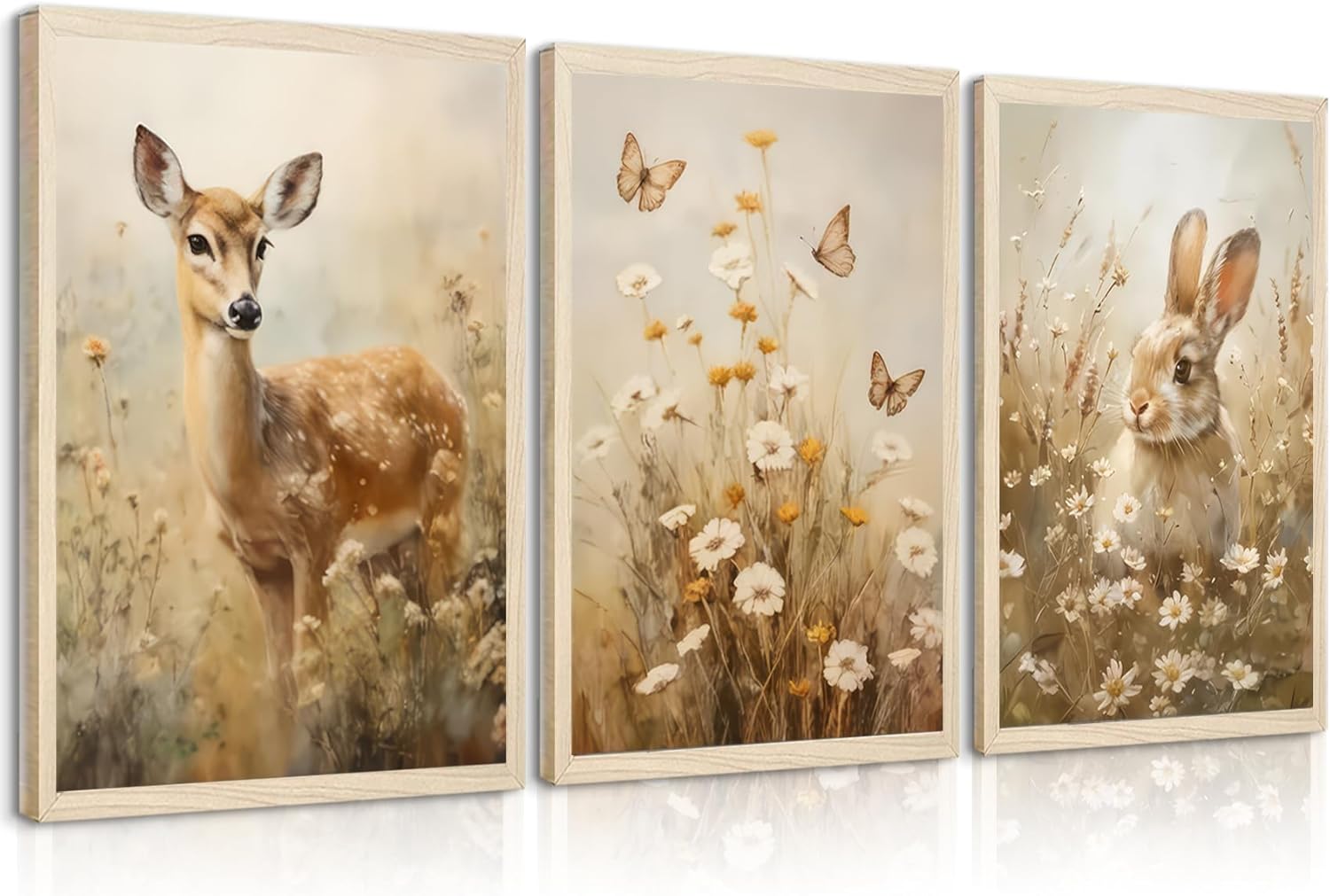 3 Pieces Nursery Animal Wall Art Kids Room Animal Wall Art Spring Bunny Wildflowers Poster Children's Room Deer Painting Mural for Living Room Bedroom Bathroom 16X24 Inch Poster