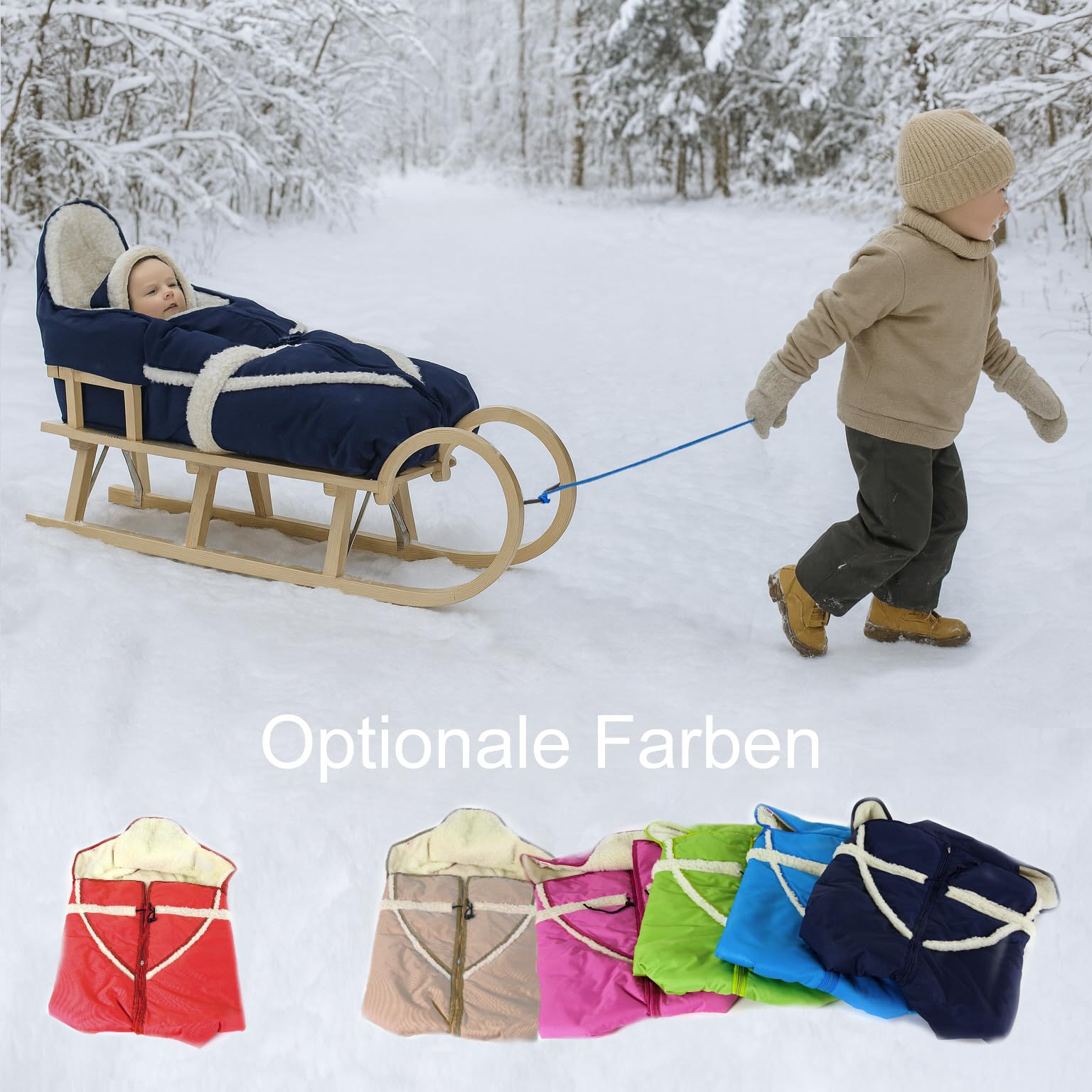 Baby-Schlitten Hörnerschlitten 120 cm mit Lehne + Leine + Fußsack (Qualität) Farbauswahl (Granatblau)