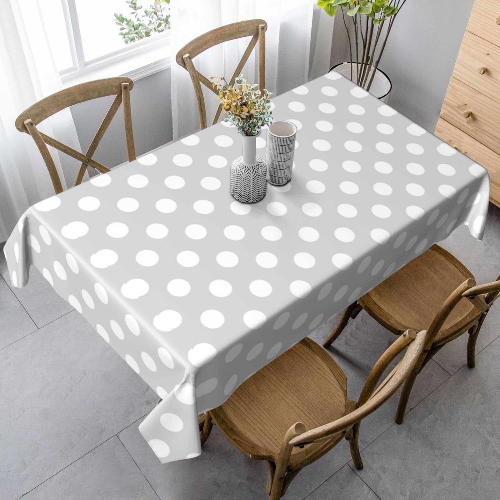 Tovaglia 152 x 228 cm, tessuto bianco a pois, resistente alle pieghe, per feste al chiuso e all'aperto, resistente tovaglia per eventi e uso domestico
