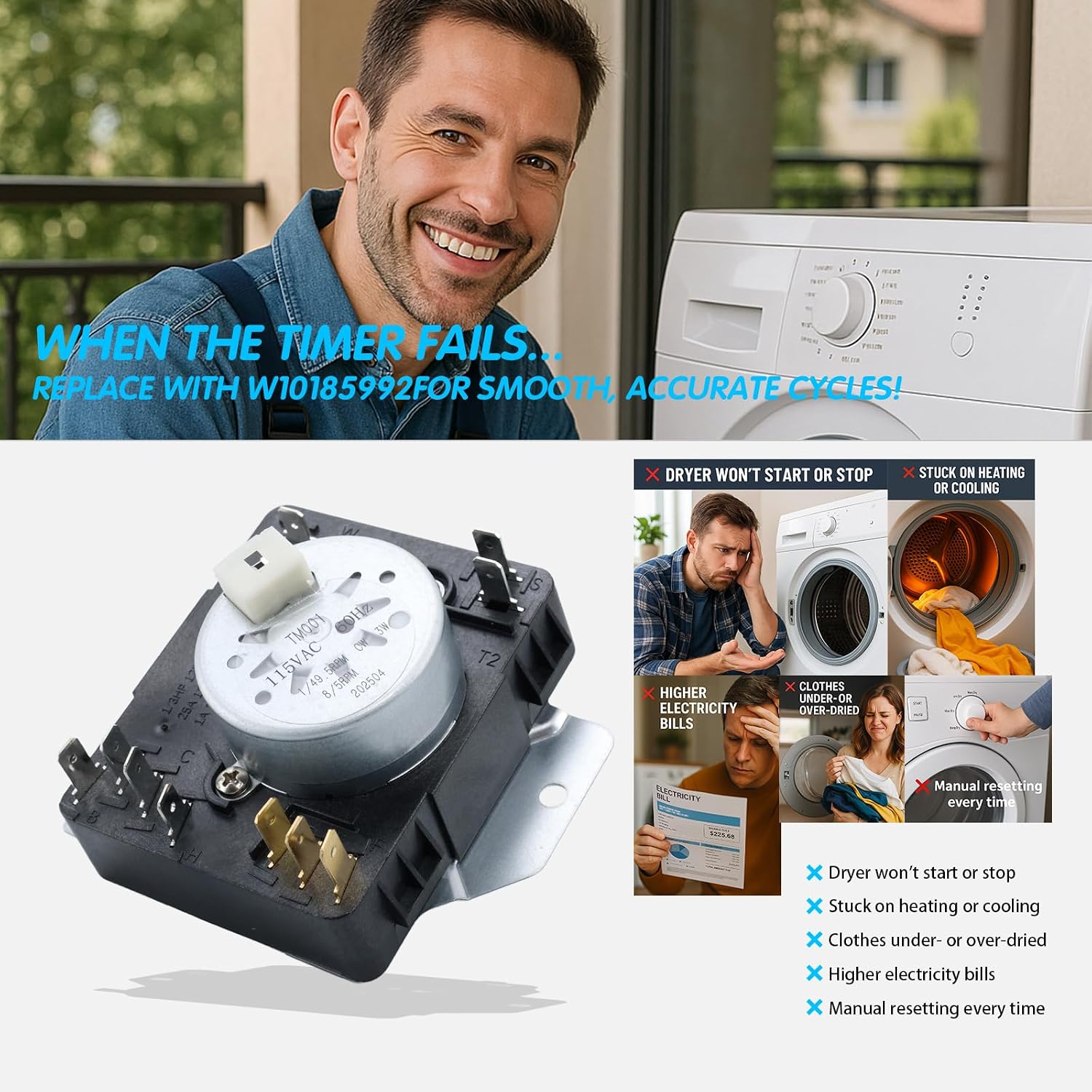 MEDC465HW0 MGDC465HW0 WGD4850BW2 WED5000DW2 WGD5000DW3 Dryer Timer 115VAC 60Hz, Compatible with Whirlpool Maytag Kenmore Crosley, Replaces WPW10185992 W10185992 AP6016542