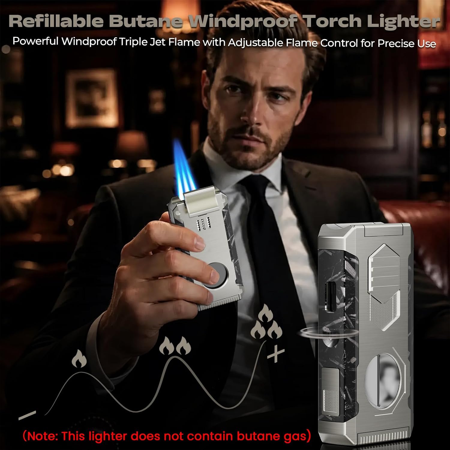 5-in-1 Butane Torch Lighter with Triple Jet Flame, Built-in V & Straight Cutter, Holder, Draw Enhancer Tool, Refillable Windproof Cool Lighter for Candle, Camping, Travel, Outdoor, Gift Box for Men