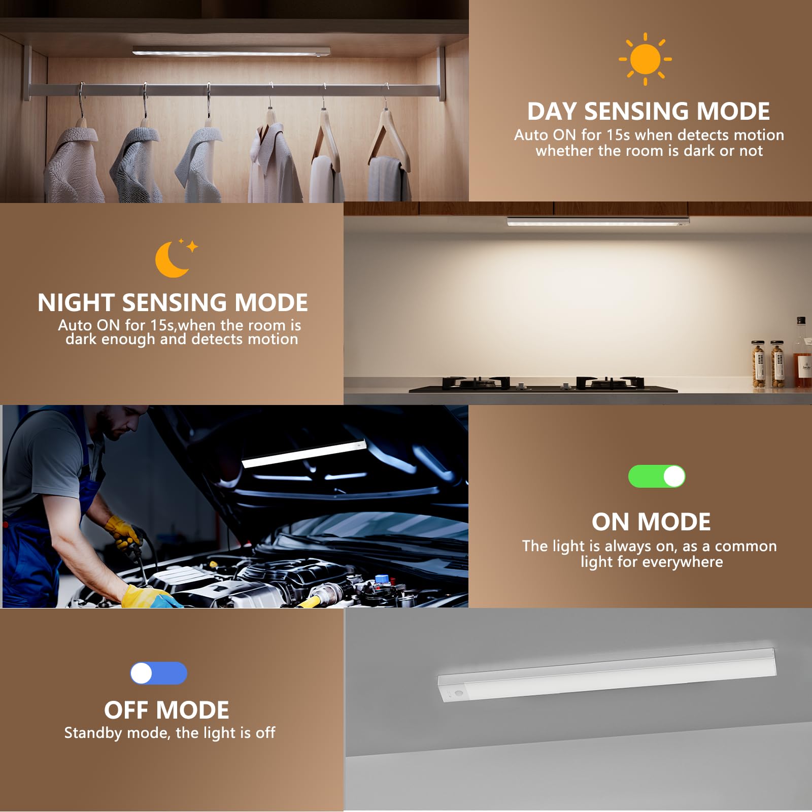 OUILA Illuminazione per armadio a LED con sensore di movimento, 2 pezzi, 43,5 cm, 3 colori
