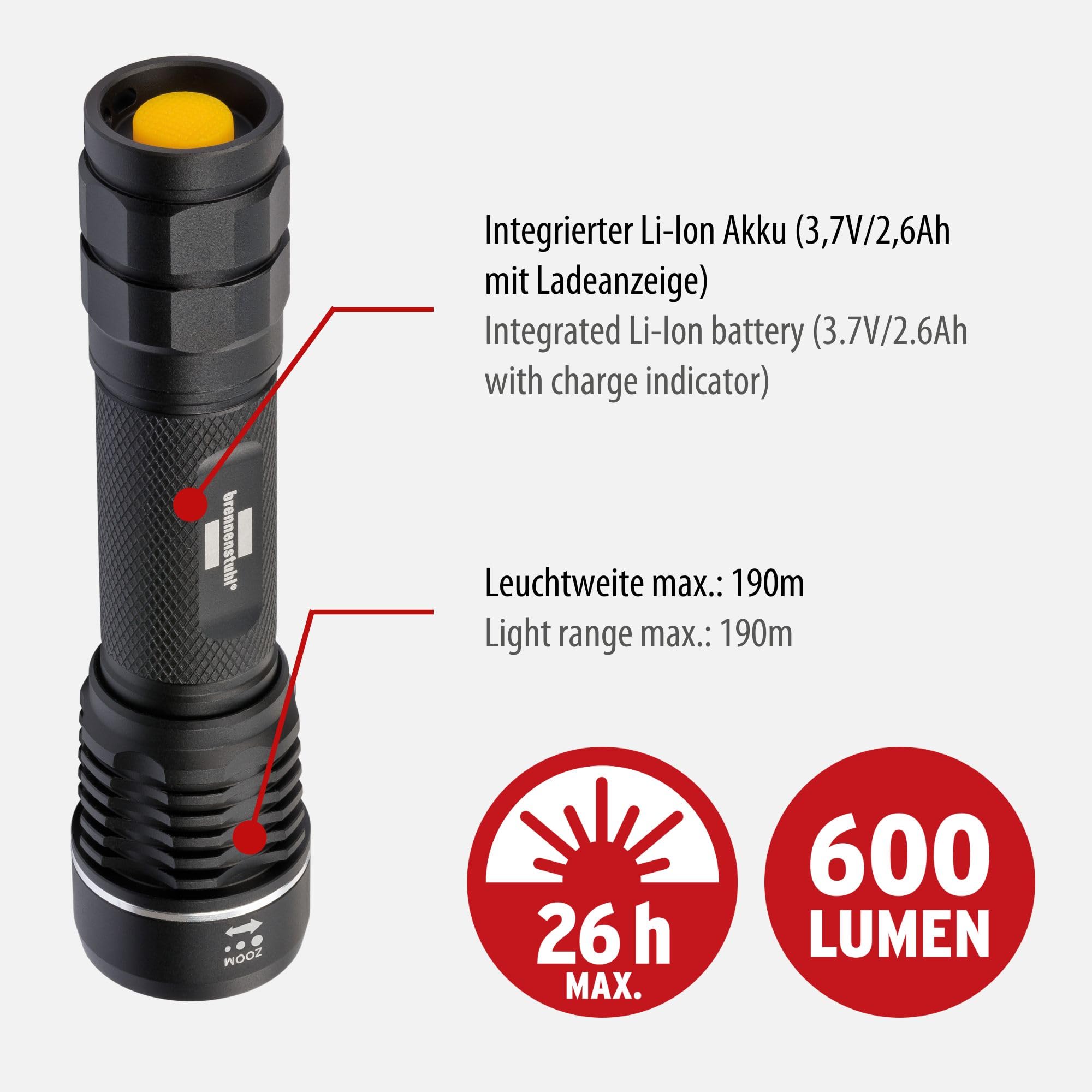 Brennenstuhl LuxPremium Flashlight TL 601 AF/LED Torch USB Rechargeable (Extra Bright CREE-LED, dust- and Waterproof IP67 - Image 3