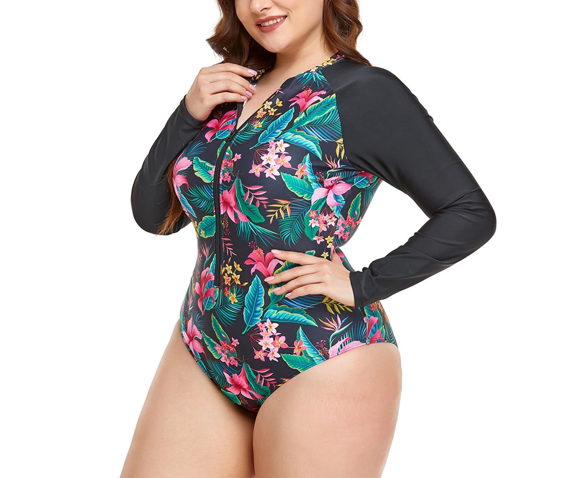 1 pezzo costumi da bagno controllo pancia, costume da bagno manica lunga donna foglie tropicali e fiori poliestere plus size costume da bagno