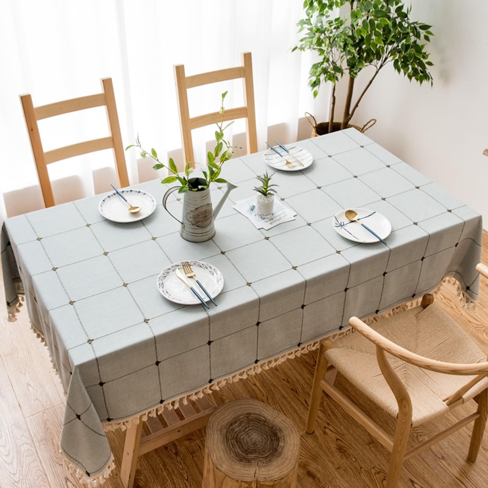 Mantel rectangular de algodón, lino, lavable, antimanchas, con pompones para hogar, restaurante, banquete, color gris y azul, 140 x 140 cm